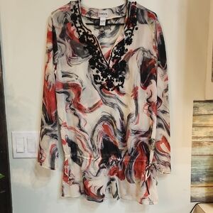 Chico's Red, Black & White Swirl V-Neck Sheer Tunic with Beading